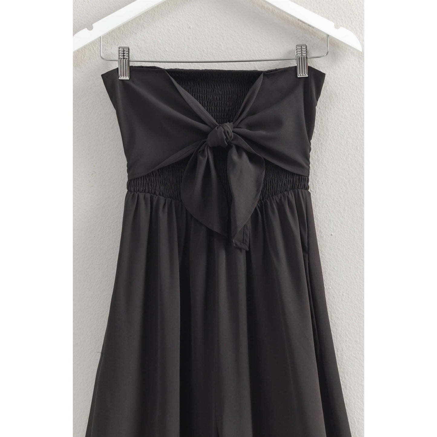 HF25A184- Strapless Tie Front Smocked Jumpsuit: BLACK / S-M-L(2-2-2)