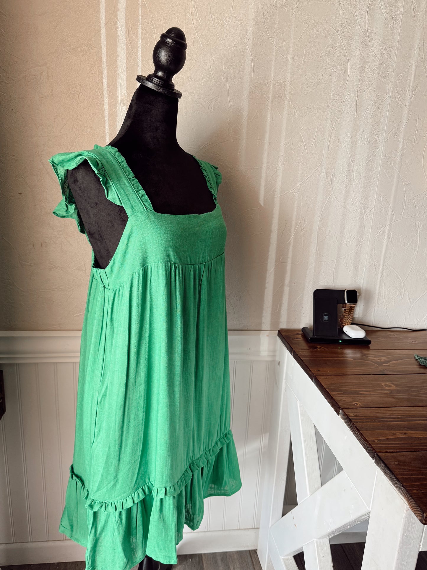 ND31184-Ruffled Solid Linen Backless Mini Dress: Green / S-M-L/2-2-2