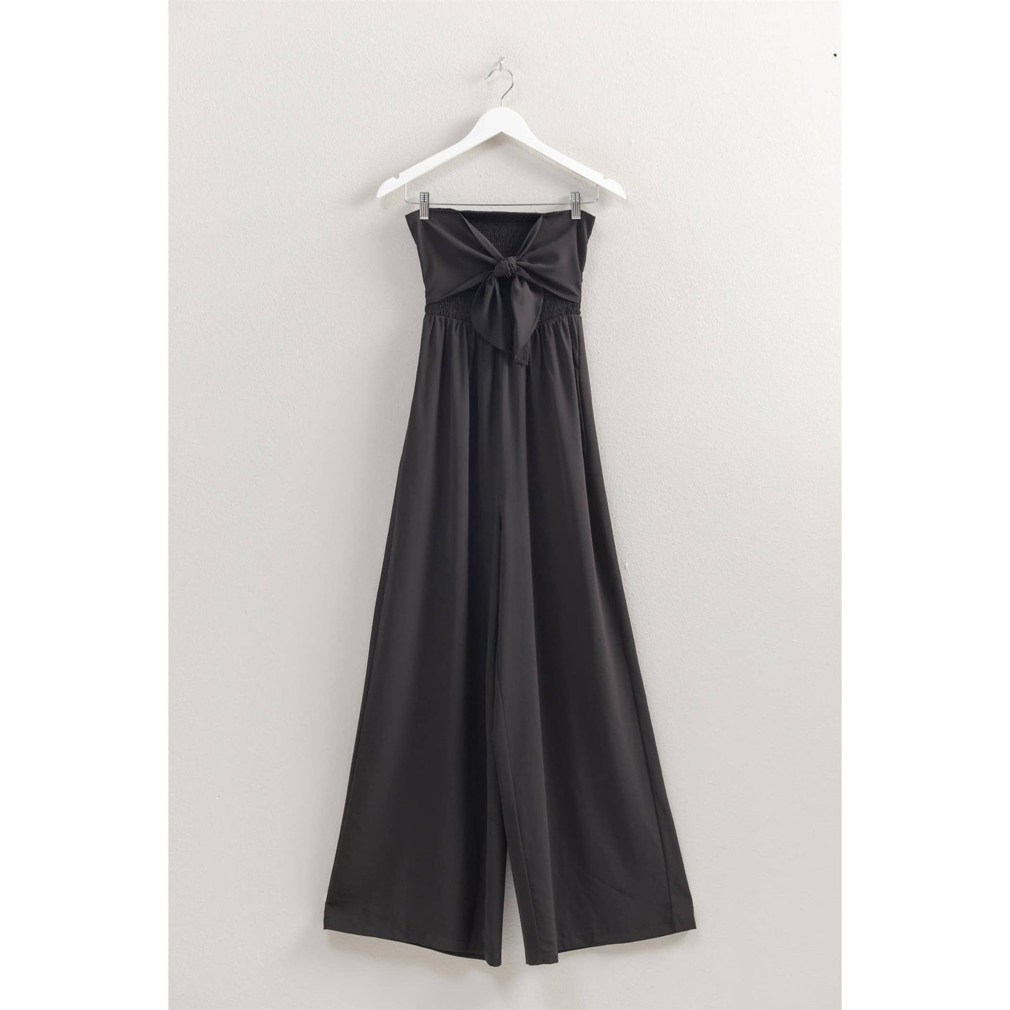 HF25A184- Strapless Tie Front Smocked Jumpsuit: BLACK / S-M-L(2-2-2)