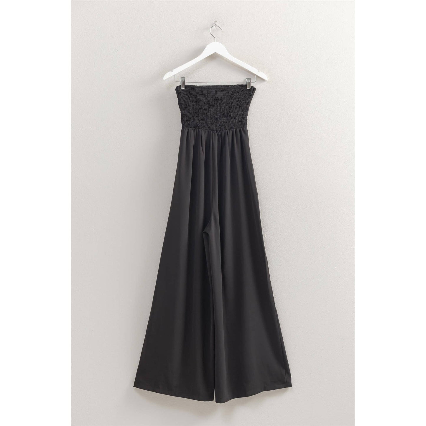 HF25A184- Strapless Tie Front Smocked Jumpsuit: BLACK / S-M-L(2-2-2)