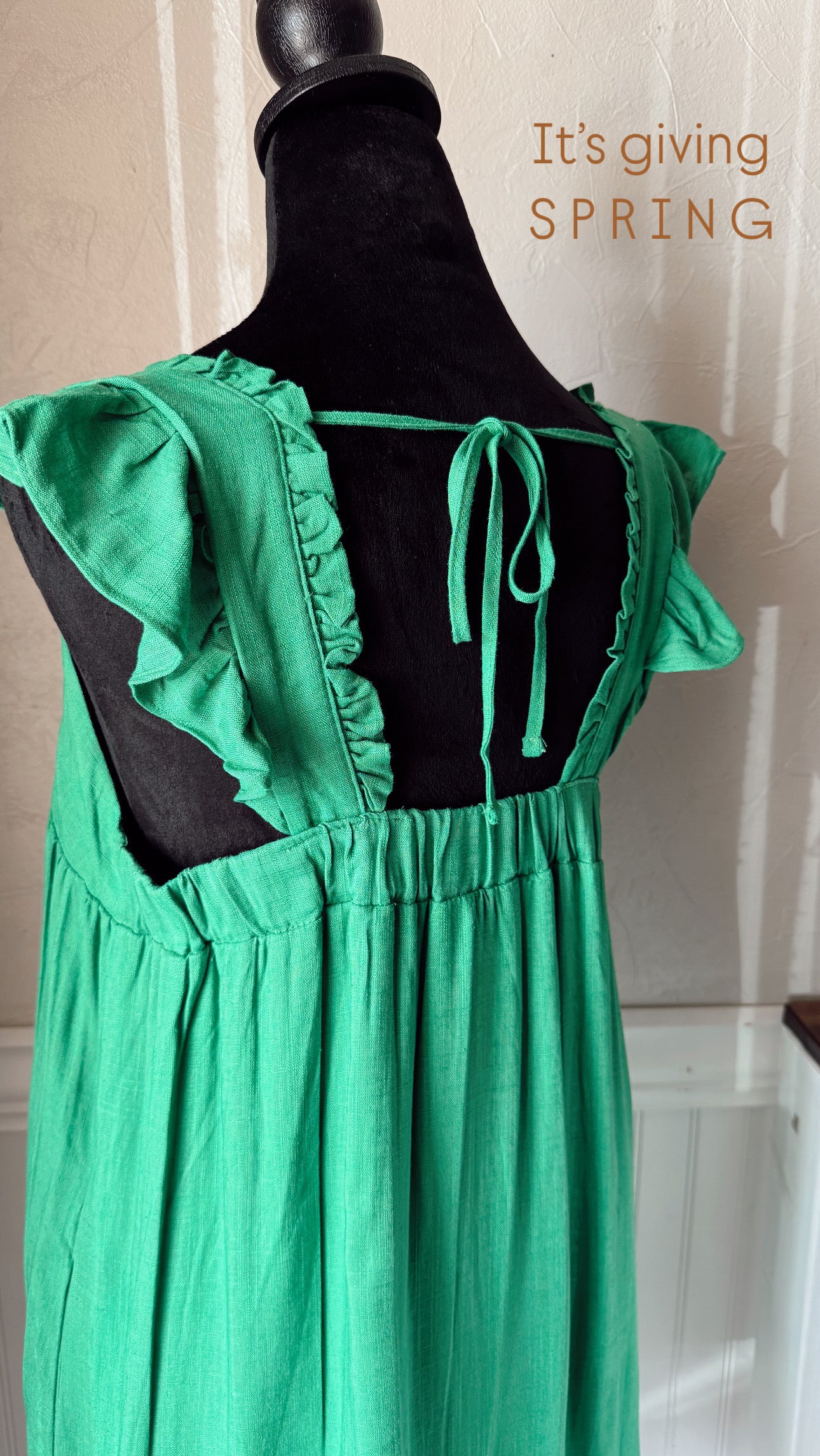 ND31184-Ruffled Solid Linen Backless Mini Dress: Green / S-M-L/2-2-2