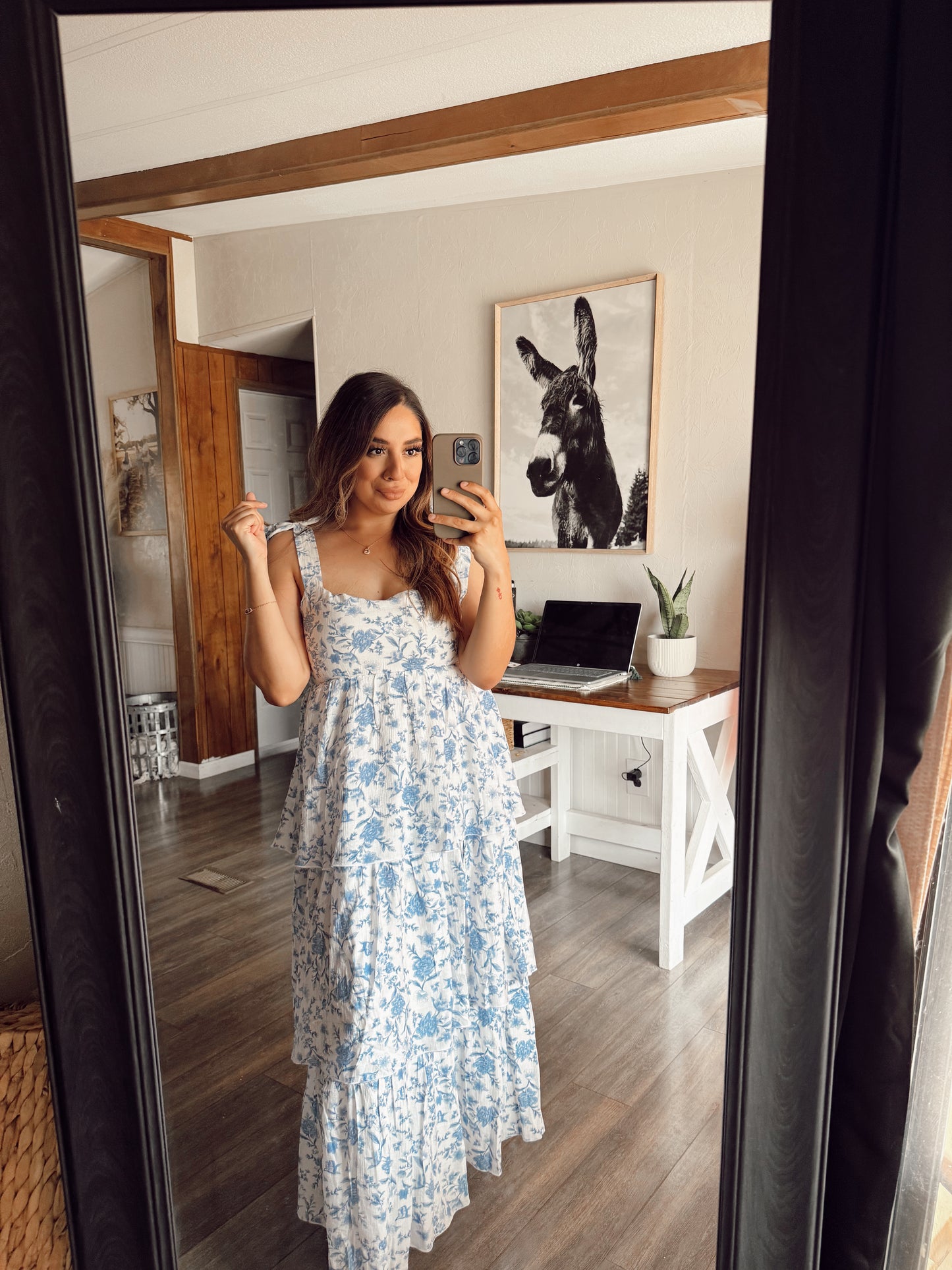 FLORAL TIE STRAP RUFFLE TIERED MIDI DRESS: BLUE MULTI