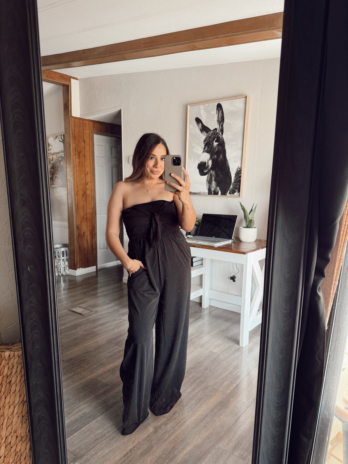 HF25A184- Strapless Tie Front Smocked Jumpsuit: BLACK / S-M-L(2-2-2)