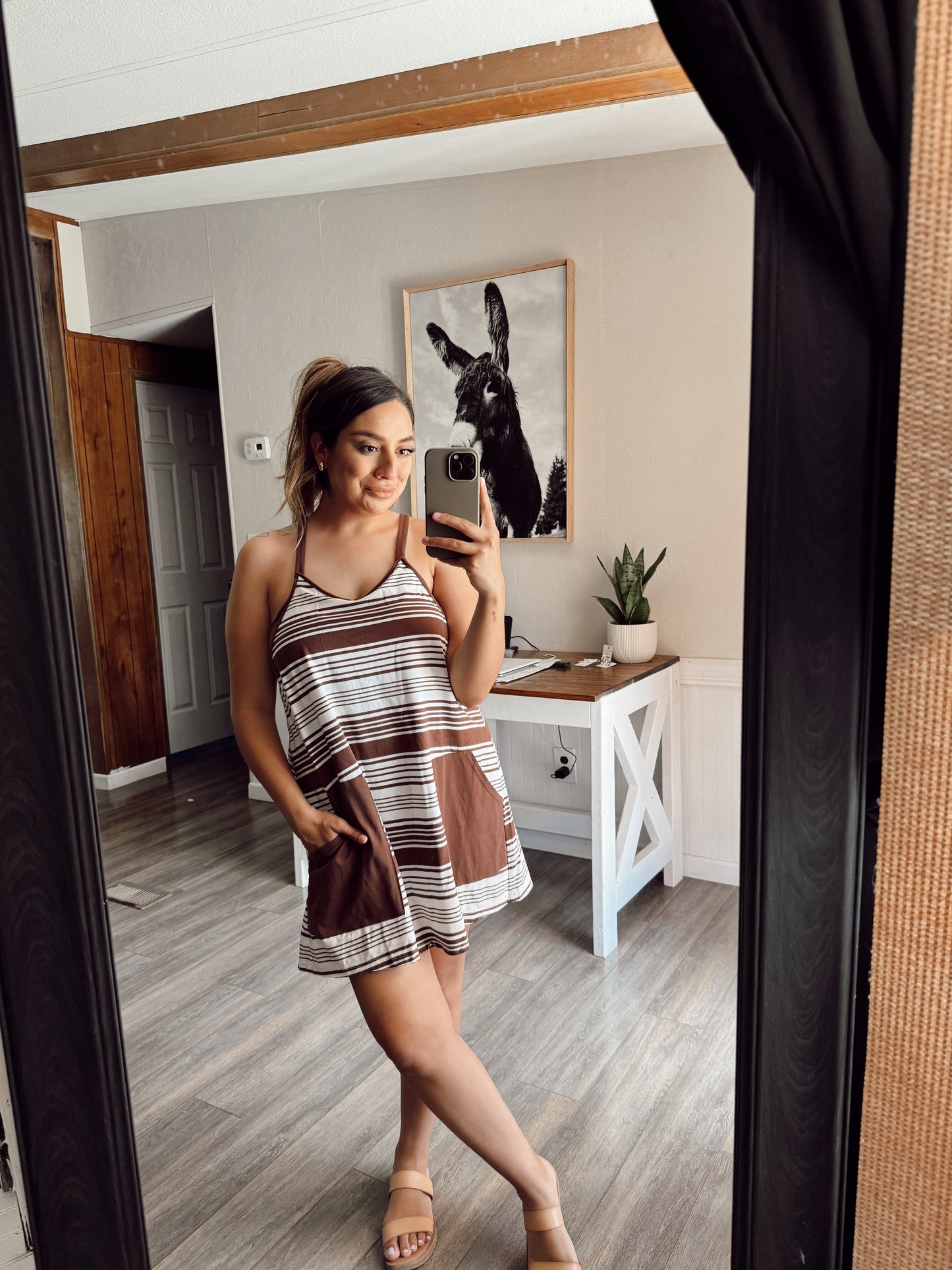 ND31600-Comfy Striped Knit Mini Dress W/ Shorts Inside: CHOCO STRIPE / S-M-L/2-2-2