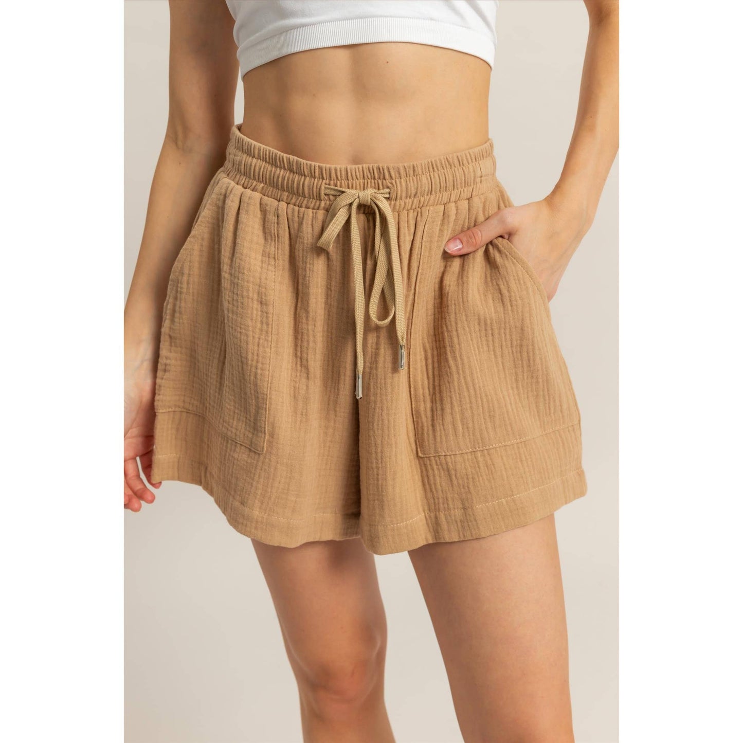 HF25C843-Double Gauze Flowy Shorts: KHAKI / S-M-L(2-2-2)