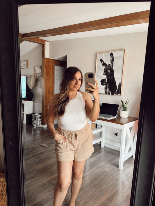 HF25C843-Double Gauze Flowy Shorts: KHAKI / S-M-L(2-2-2)