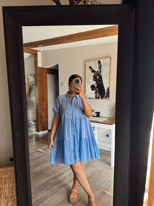 HF25E328-Cotton Voile Puff Sleeve Tiered Dress: BLUE / S-M-L(2-2-2)