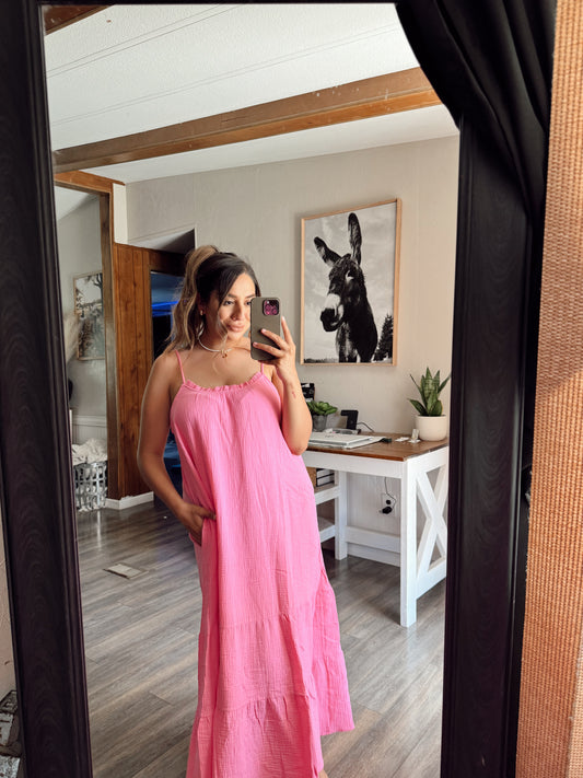 ND31311-Cotton Gauze A-Line Midi Dress: Pink / S-M-L/2-2-2