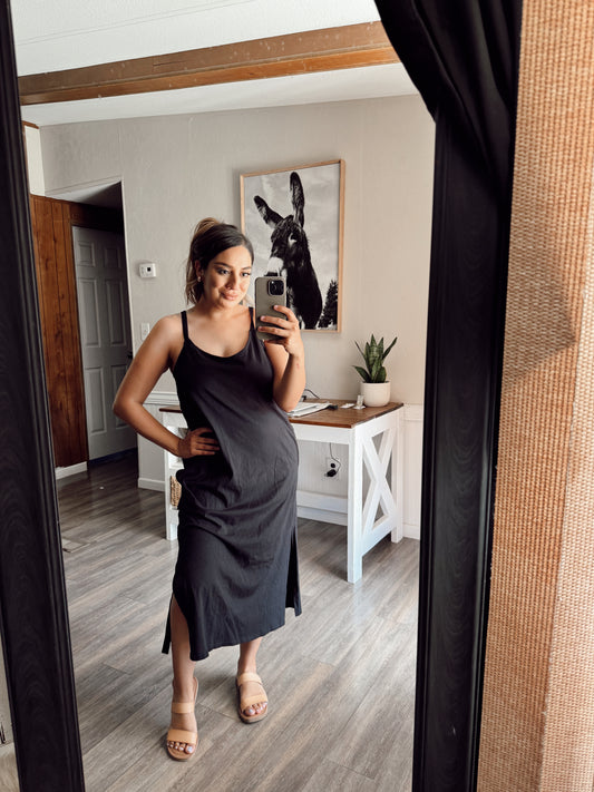 ND31605-V-Neck Sleeveless Casual Comfy Midi Dress: BLACK / S-M-L/2-2-2