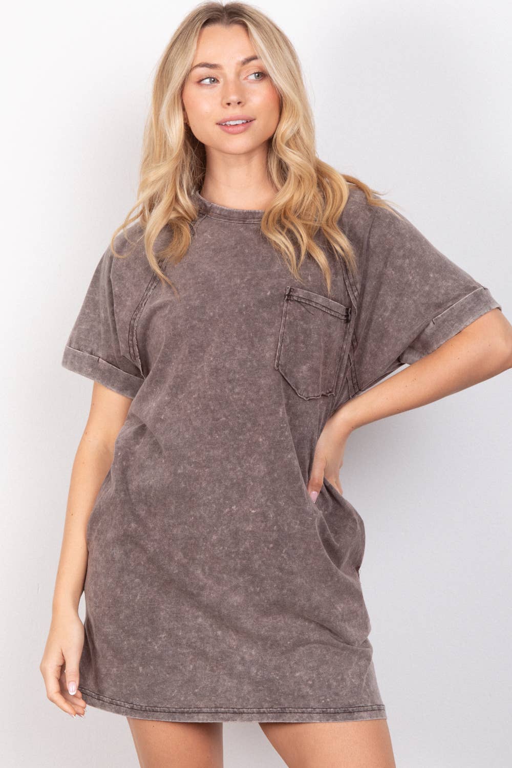 ND31162-Oversized Washed Knit Mini Dress: Black / S-M-L/2-2-2