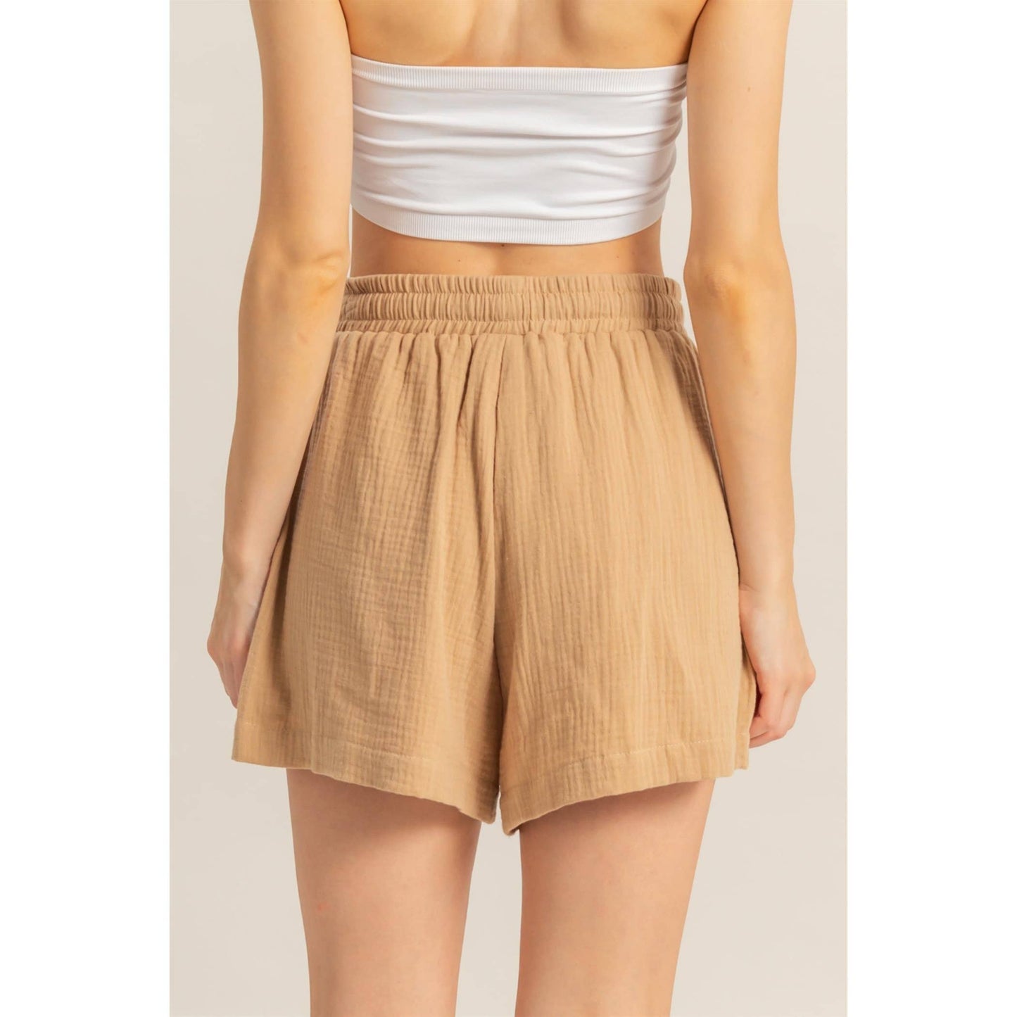 HF25C843-Double Gauze Flowy Shorts: KHAKI / S-M-L(2-2-2)